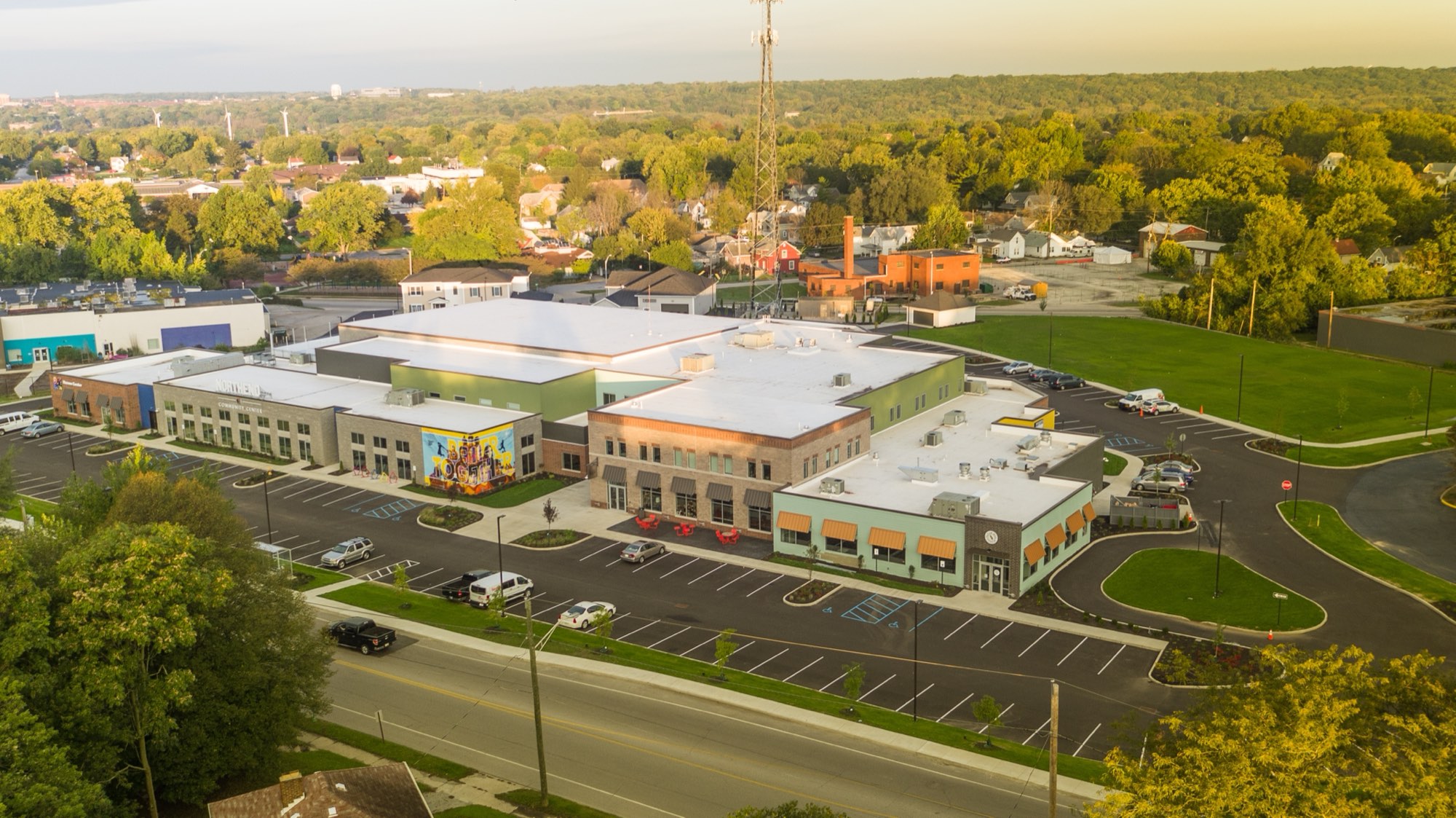 Aerial view of the Northend Community Center, where Faith Bible Seminary meets